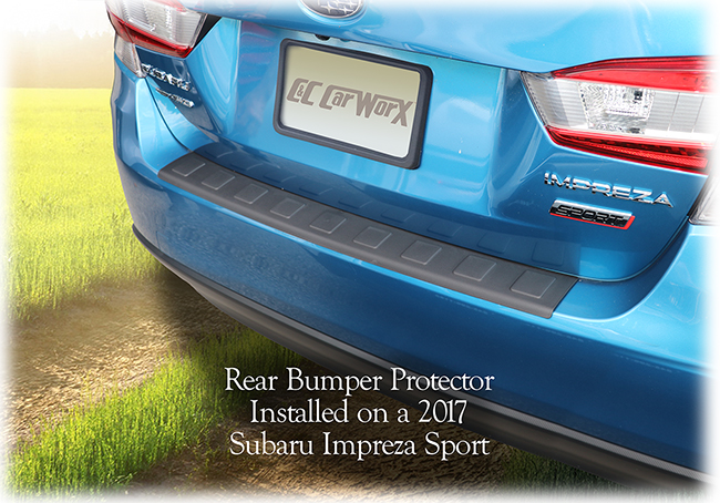 The C&C CarWorx Rear Bumper Protector is shown installed on a 2017, 2018, 2019, 2020, 2021 Subaru Impreza Sport model which it fits perfectly. 