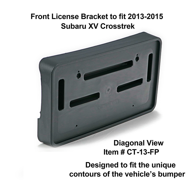Diagonal View showing unique contours to fit snugly around your vehicle's bumper: Front License Bracket CT-13-FP to fit 2013-2015 Subaru XV Crosstrek custom designed and manufactured by C&C CarWorx