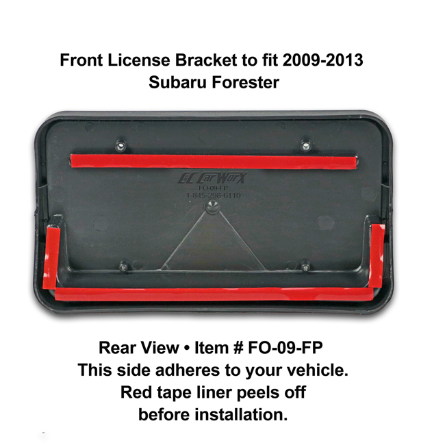 Rear View showing red tape liner which peels off before installation: Front License Bracket FO-09-FP to fit 2009-13 Subaru Forester
