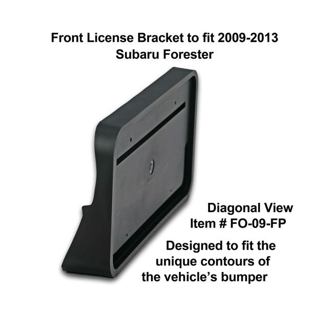 Diagonal View showing unique contours to fit snugly around your vehicle's bumper: Front License Bracket FO-09-FP to fit 2009-13 Subaru Forester
