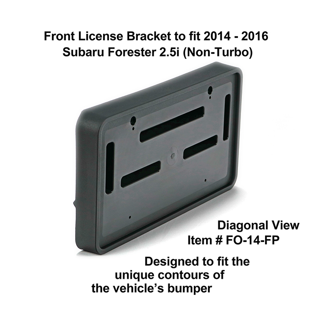Diagonal View showing unique contours to fit snugly around your vehicle's bumper: Front License Bracket FO-14-FP to fit 2014-2016 Subaru Forester 2.5i (Non-Turbo) custom designed and manufactured by C&C CarWorx
