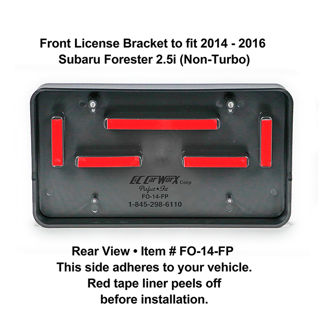 Rear View showing red tape liner which peels off before installation: Front License Bracket FO-14-FP to fit 2014-2016 Subaru Forester 2.5i (Non-Turbo) custom designed and manufactured by C&C CarWorx