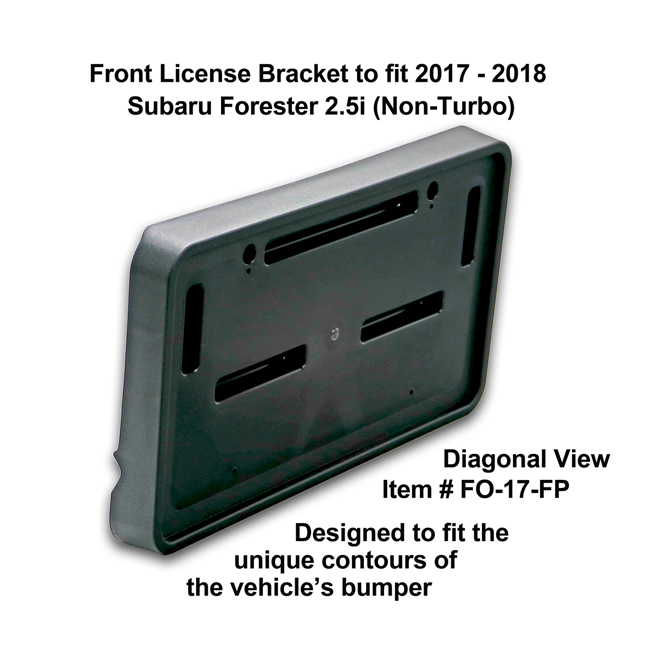 Diagonal View showing unique contours to fit snugly around your vehicle's bumper: Front License Bracket FO-17-FP to fit 2017-2018 Subaru Forester 2.5i (Non-Turbo) custom designed and manufactured by C&C CarWorx