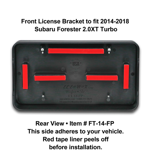 Rear View showing red tape liner which peels off before installation: Front License Bracket FT-14-FP to fit 2014-2018 Subaru Forester 2.0XT (Turbo) custom designed and manufactured by C&C CarWorx