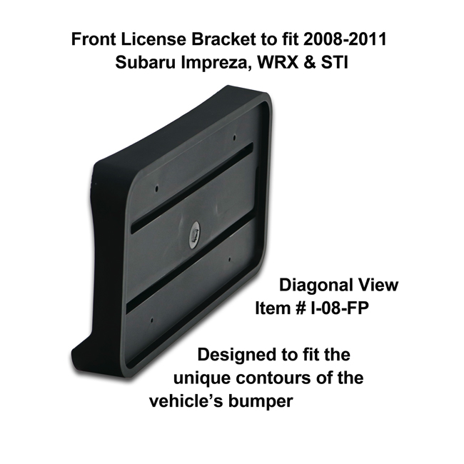 Diagonal View showing unique contours to fit snugly around your vehicle's bumper: Front License Bracket I-08-FP to fit 2008-2011 Subaru Impreza, WRX and STI 