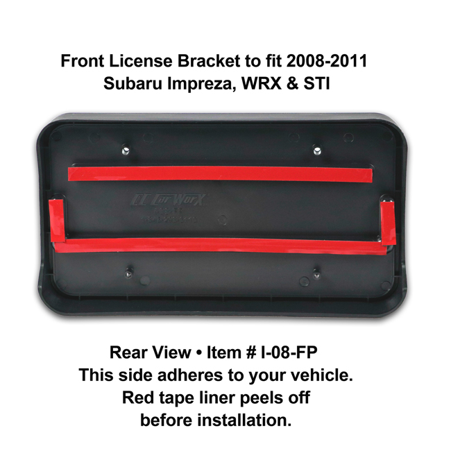 Rear View showing red tape liner which peels off before installation: Front License Bracket I-08-FP to fit 2008-2011 Subaru Impreza, WRX and STI 