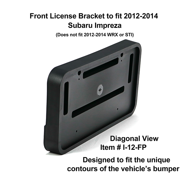 Diagonal View showing unique contours to fit snugly around your vehicle's bumper: Front License Bracket I-12-FP to fit 2012-2014 Subaru Impreza (Does not fit WRX or STI)
