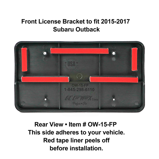 Rear View showing red tape liner which peels off before installation: Front License Bracket OW-15-FP to fit 2015-2017 Subaru Outback custom designed and manufactured by C&C CarWorx