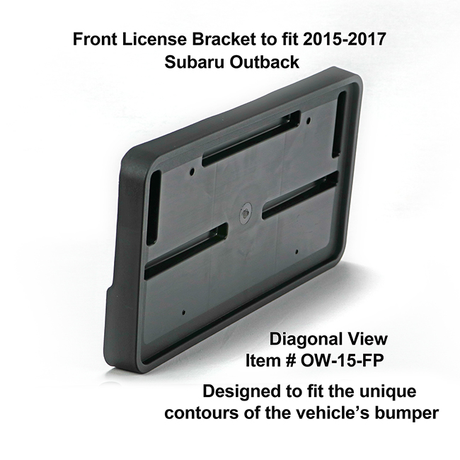 Diagonal View showing unique contours to fit snugly around your vehicle's bumper: Front License Bracket OW-15-FP to fit 2015-2017 Subaru Outback custom designed and manufactured by C&C CarWorx