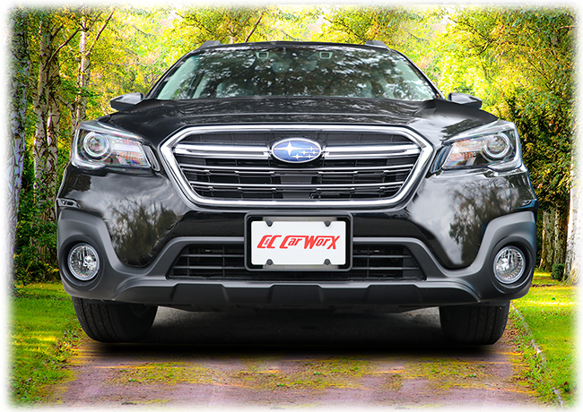 Enhancing your front end with a classy installation of powder-coated black stainless steel license plate frame within our sturdy front license bracket, these custom-manufactured, versatile aftermarket accessories shown on a 2018 Subaru Outback Wagon by C&C CarWorx are a great long-term investment in quailty.