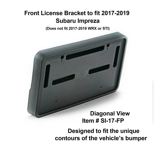 Diagonal View showing unique contours to fit snugly around your vehicle's bumper: Front License Bracket SI-17-FP to fit 2017-2018 Subaru Impreza (excluding WRX & STI models) custom designed and manufactured by C&C CarWorx