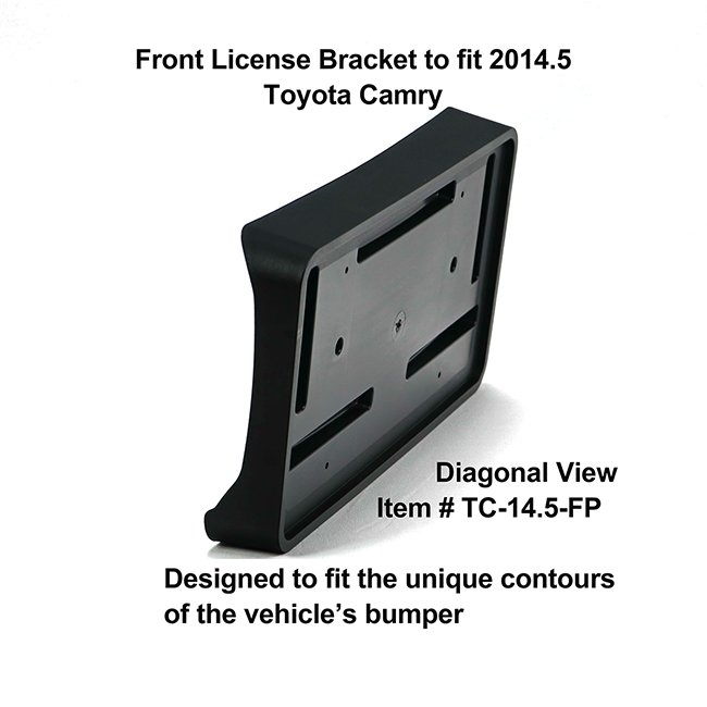 Diagonal View showing unique contours to fit snugly around your vehicle's bumper: Front License Bracket TC-14.5-FP to fit 2014.5 Toyota Camry