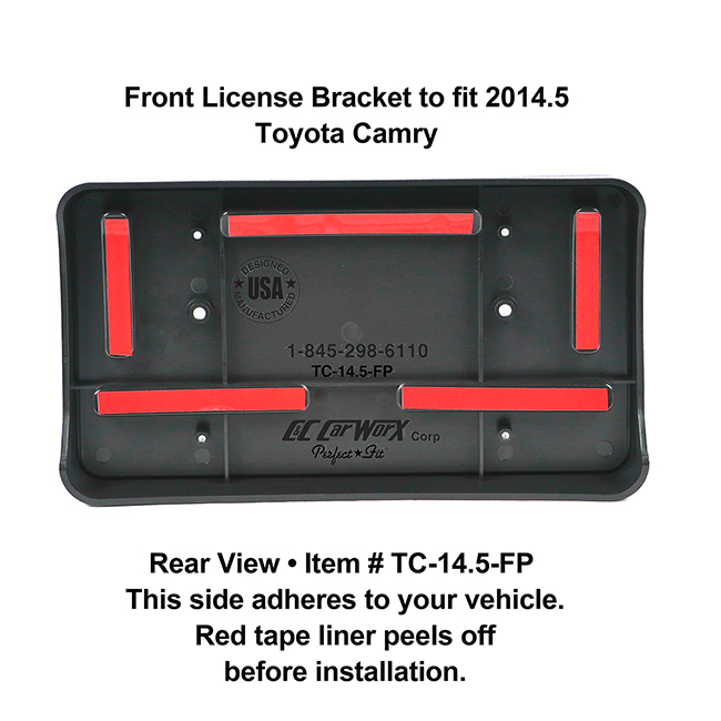 Rear View showing red tape liner which peels off before installation: Front License Bracket TC-14.5-FP to fit 2014.5 Toyota Camry