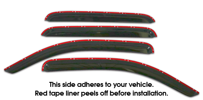 Shown with tape liner which peels off before installation: Set of four WV-05TAD-TF Tape-On Outside-Mount Window Visor Rain Guards to fit 2005-2015 Toyota Tacoma Double Cab