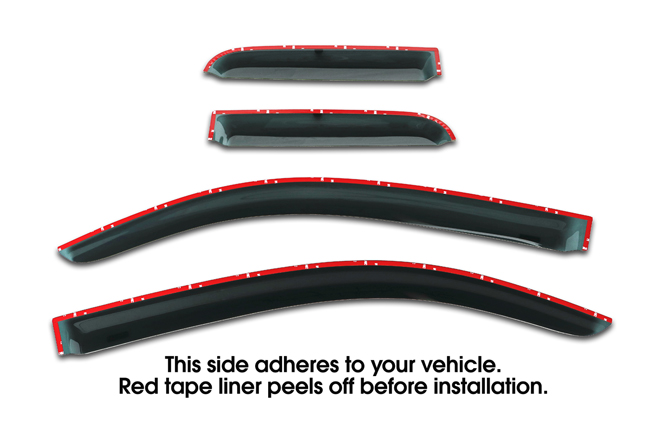 Shown with tape liner which peels off before installation: Set of Four WV-07TUD-TF Tape-On Outside-Mount Window Visor Rain Guards to fit 2007-2020 Toyota® Tundra® Double Cab 