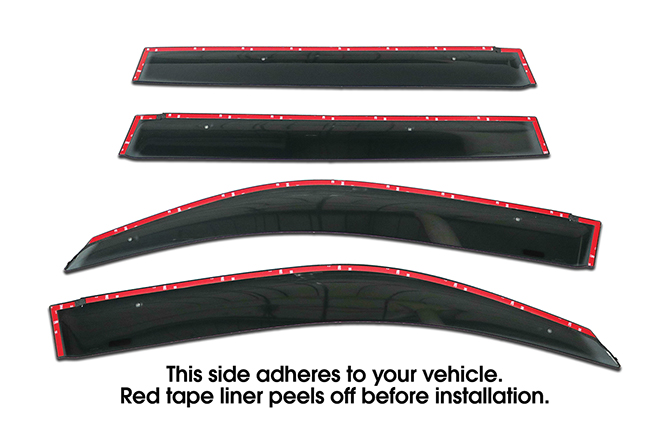 Shown with tape liner which peels off before installation: Set of four WV-08LC-TF Tape-On Outside-Mount Window Visor Rain Guards to fit 2008-2020 Toyota Land Cruiser 200 Series (OEM-type) with clip