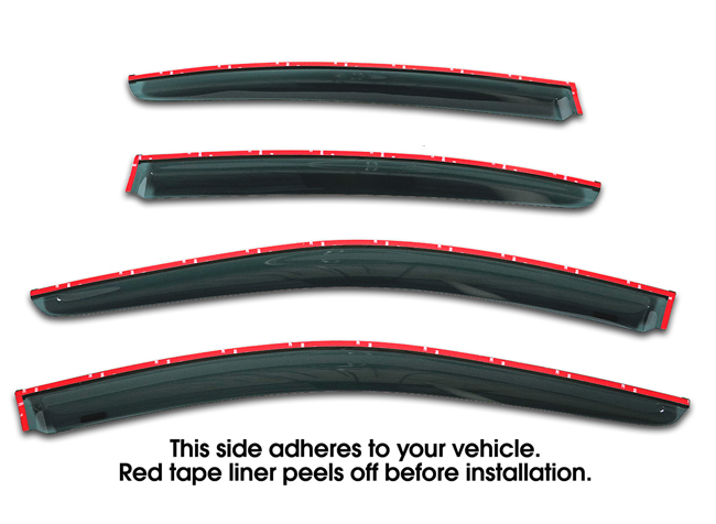 Shown with tape liner which peels off before installation: Set of 4  WV-LS-10-TF Tape-On Outside-Mount Window Visor Rain Guards With Chrome-Style Accent Trim to fit 2010-2014 Subaru Legacy Sedan