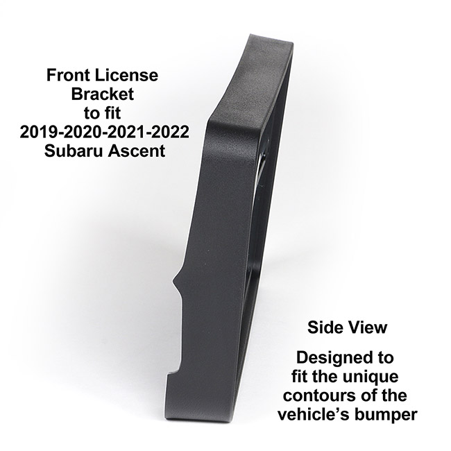 Diagonal View showing unique contours to fit snugly around your vehicle's bumper: Front License Bracket A-19-FP to fit 2019-2020-2021-2022 Subaru Ascent custom designed and manufactured by C&C CarWorx