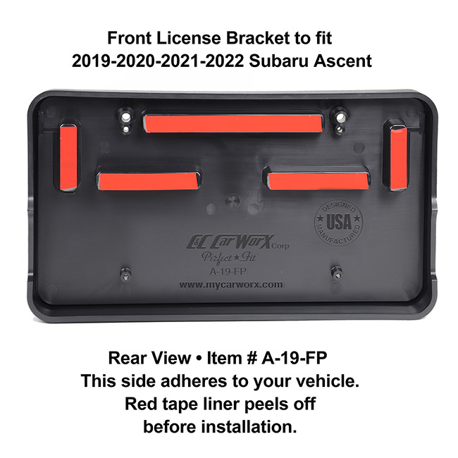 Rear View showing red tape liner which peels off before installation: Front License Bracket A-19-FP to fit 2019-2020-2021-2022 Subaru Ascent custom designed and manufactured by C&C CarWorx