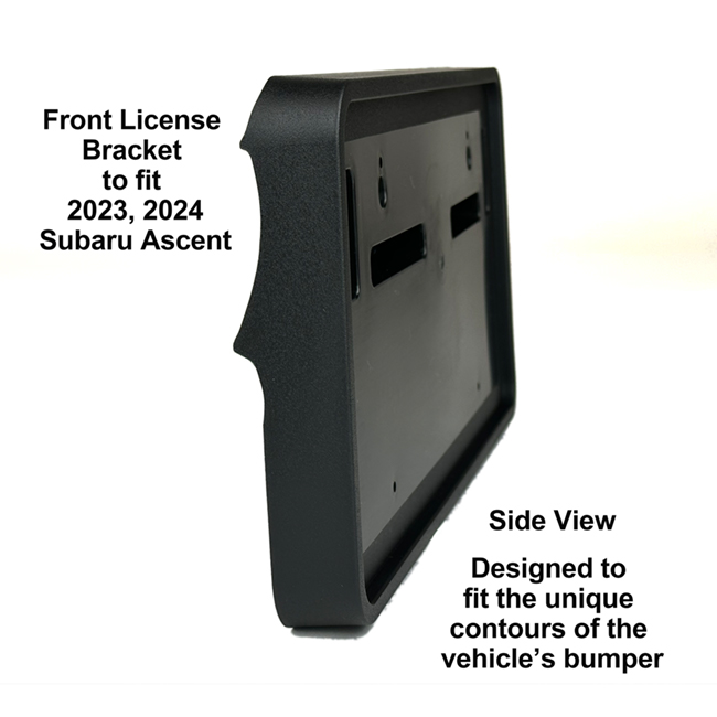 Diagonal View showing unique contours to fit snugly around your vehicle's bumper: Front License Bracket A-23-FP to fit 2023, 2024  Subaru Ascent custom designed and manufactured by C&C CarWorx