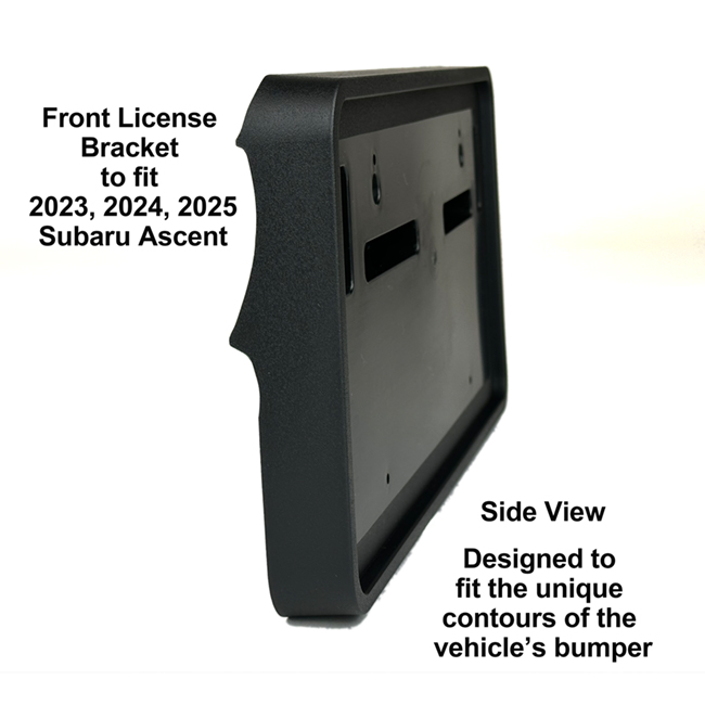 Diagonal View showing unique contours to fit snugly around your vehicle's bumper: Front License Bracket A-23-FP to fit 2023, 2024, 2025  Subaru Ascent custom designed and manufactured by C&C CarWorx
