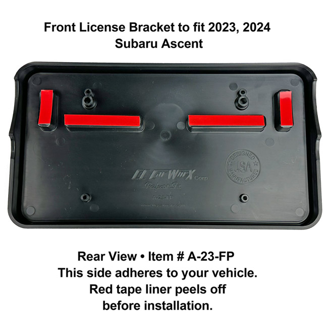 Rear View showing red tape liner which peels off before installation: Front License Bracket A-23-FP to fit 2023, 2024  Subaru Ascent custom designed and manufactured by C&C CarWorx