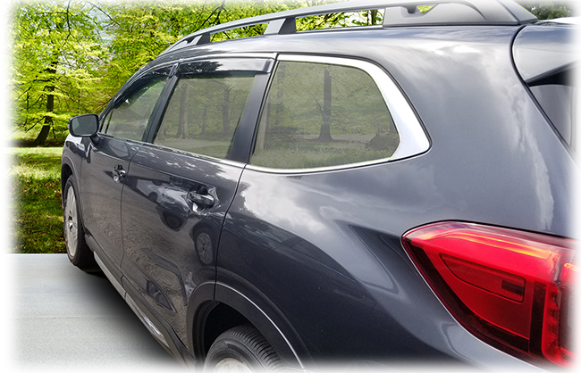 Shown on a 2020 model: Set of four WV-19A-TF Tape-On Outside-Mount Window Visor Rain Guards With Chrome-Style Accent Trim to complement your model's OEM design and fit 2019, 2020, 2021, 2022 Subaru Ascent