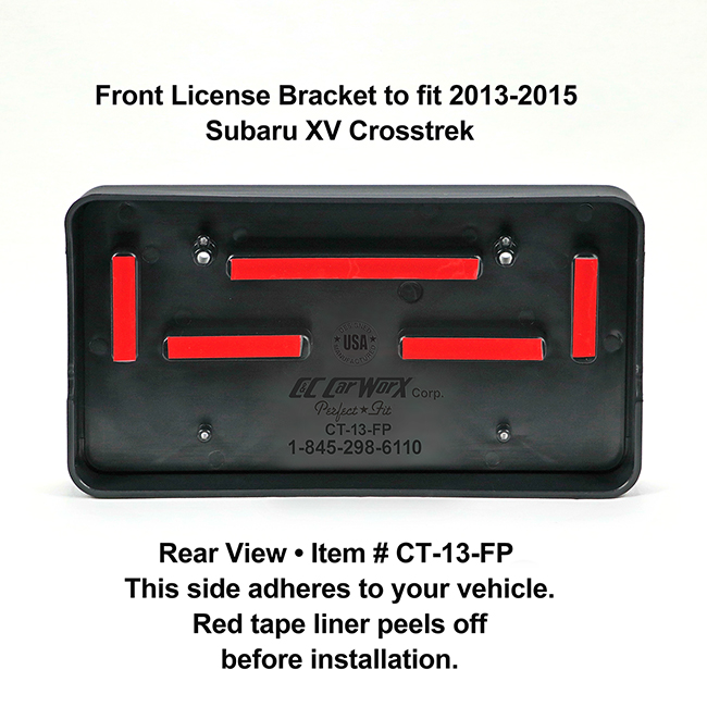 Rear View showing red tape liner which peels off before installation: Front License Bracket CT-13-FP to fit 2013-2015 Subaru XV Crosstrek custom designed and manufactured by C&C CarWorx