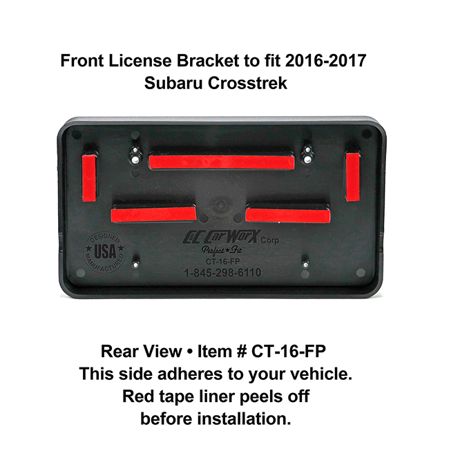 Rear View showing red tape liner which peels off before installation: Front License Bracket CT-16-FP to fit 2016-2017 Subaru Crosstrek custom designed and manufactured by C&C CarWorx
