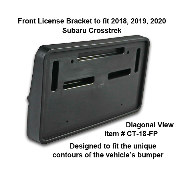 Diagonal View showing unique contours to fit snugly around your vehicle's bumper: Front License Bracket CT-18-FP to fit 2018-2019-2020 Subaru Crosstrek custom designed and manufactured by C&C CarWorx