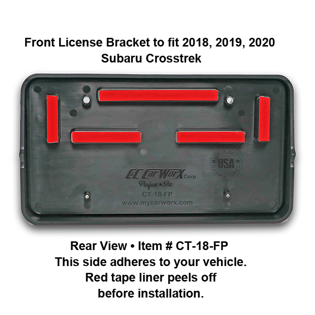 Rear View showing red tape liner which peels off before installation: Front License Bracket CT-18-FP to fit 2018-2019-2020 Subaru Crosstrek custom designed and manufactured by C&C CarWorx