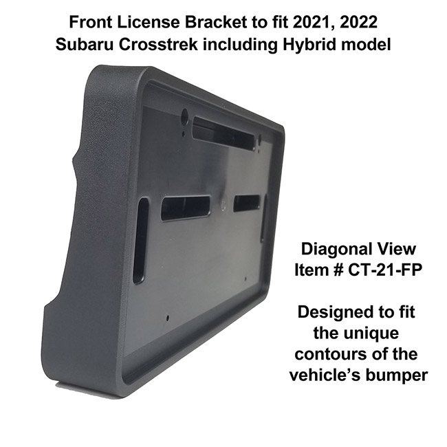Diagonal View showing unique contours to fit snugly around your vehicle's bumper: Front License Bracket CT-21-FP to fit all models of 2021, 2022 Subaru Crosstrek & Crosstrek Hybrid model 2021, 2022 custom designed and manufactured by C&C CarWorx