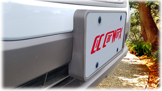 As shown, C&C CarWorx designs and manufactures all of their front license plate brackets to fit snugly around the front bumper for a very professional appearance.