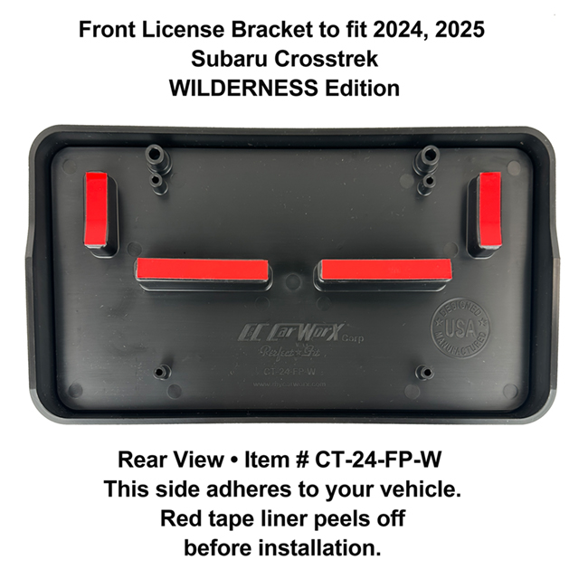 Rear View showing red tape liner which peels off before installation: Front License Bracket CT-24-FP-W  to fit the 2024, 2025 Subaru Crosstrek Wilderness Edition)  custom designed and manufactured by C&C CarWorx