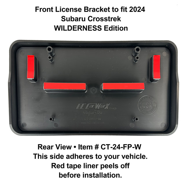 Rear View showing red tape liner which peels off before installation: Front License Bracket CT-24-FP-W  to fit the 2024  Subaru Crosstrek Wilderness Edition)  custom designed and manufactured by C&C CarWorx