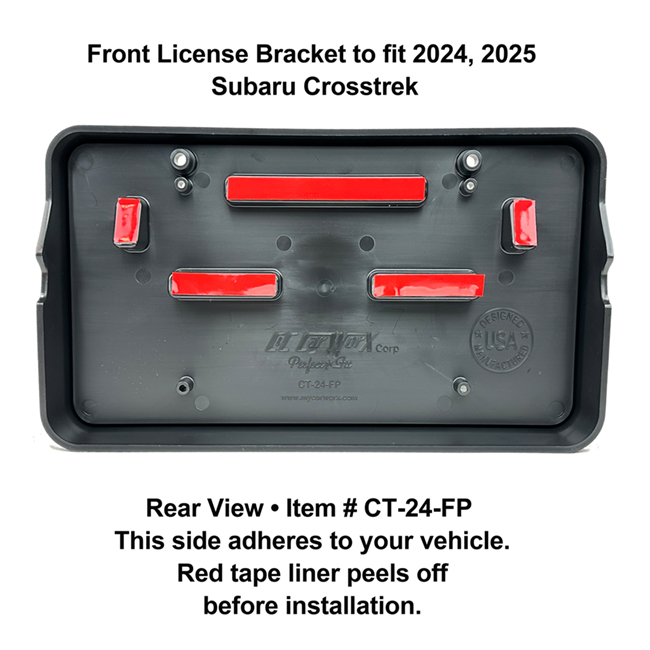 Rear View showing red tape liner which peels off before installation: Front License Bracket CT-24-FP   to fit all models of 2024, 2025 Subaru Crosstrek (but NOT Wilderness Edition)  custom designed and manufactured by C&C CarWorx