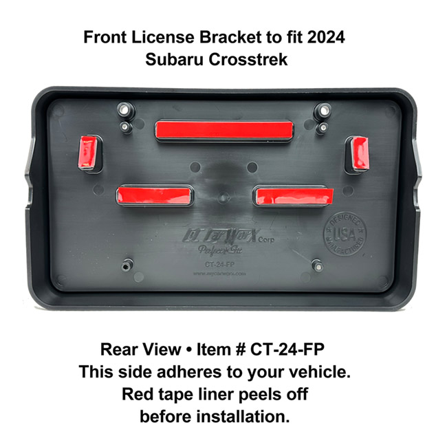 Rear View showing red tape liner which peels off before installation: Front License Bracket CT-24-FP   to fit all models of 2024  Subaru Crosstrek (but NOT Wilderness Edition)  custom designed and manufactured by C&C CarWorx