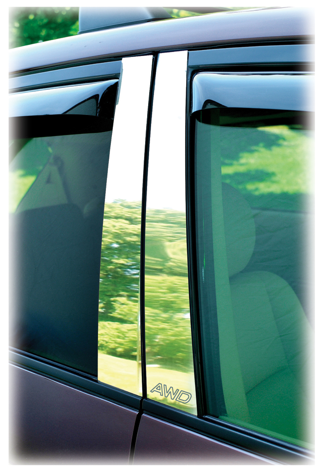 Closeup of Mirrored Door Pillar Post Molding Kit to fit 2006-2013 Subaru Tribeca