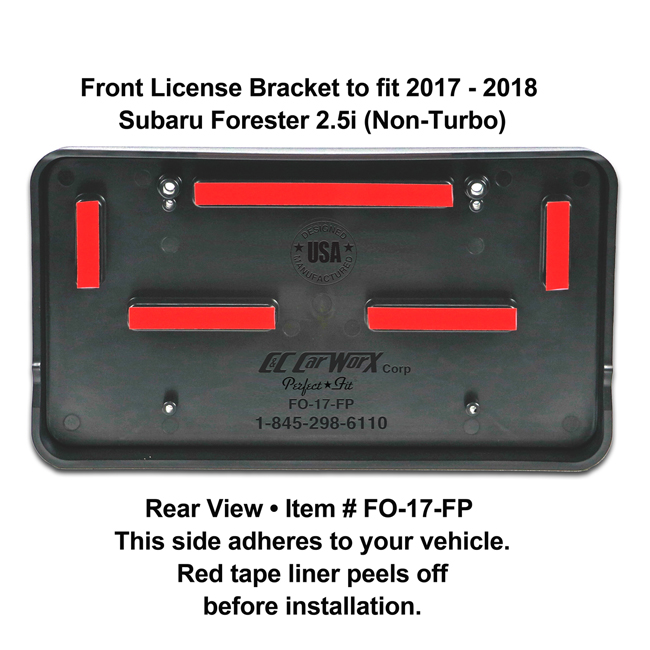 Rear View showing red tape liner which peels off before installation: Front License Bracket FO-17-FP to fit 2017-2018 Subaru Forester 2.5i (Non-Turbo) custom designed and manufactured by C&C CarWorx