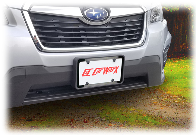 The C&C CarWorx front license bracket is shown with a black stainless frame on the 2019 Forester, available with a bundle purchase described below.
