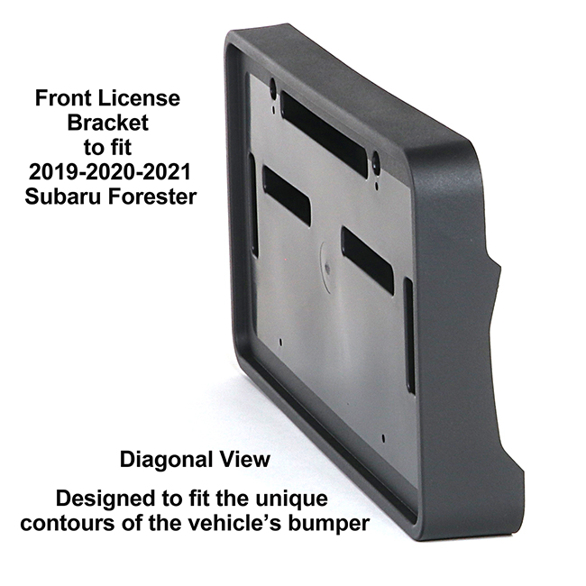 Diagonal View showing unique contours to fit snugly around your vehicle's bumper: Front License Bracket FO-19-FP to fit 2019-2020-2021 Subaru Forester custom designed and manufactured by C&C CarWorx
