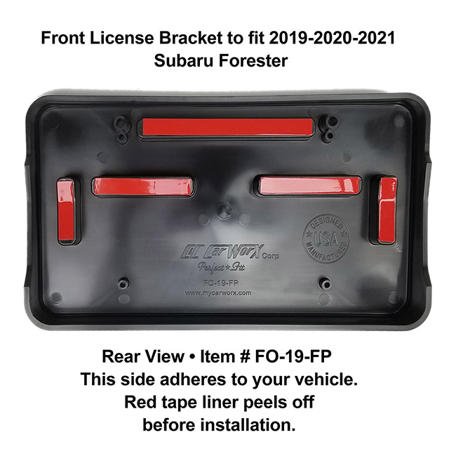 Rear View showing red tape liner which peels off before installation: Front License Bracket FO-19-FP to fit 2019-2020-2021 Subaru Forester custom designed and manufactured by C&C CarWorx