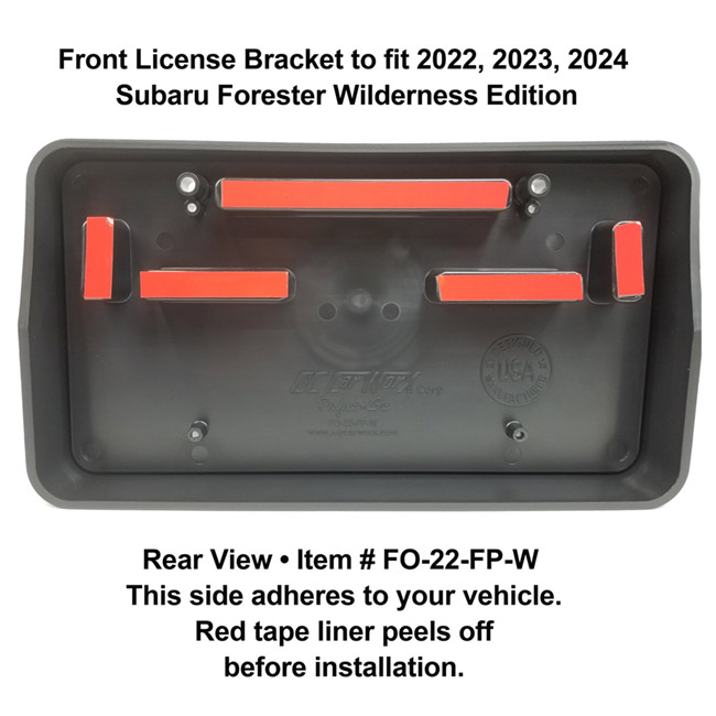 Rear View showing red tape liner which peels off before installation: Front License Bracket FO-22-FP to fit 2022, 2023, 2024  Subaru Forester WILDERNESS Edition WILDERNESS Edition custom designed and manufactured by C&C CarWorx