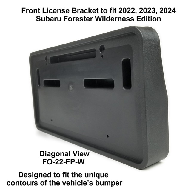 Diagonal View showing unique contours to fit snugly around your vehicle's bumper: Front License Bracket FO-22-FP to fit 2022, 2023, 2024  Subaru Forester WILDERNESS Edition WILDERNESS Edition custom designed and manufactured by C&C CarWorx