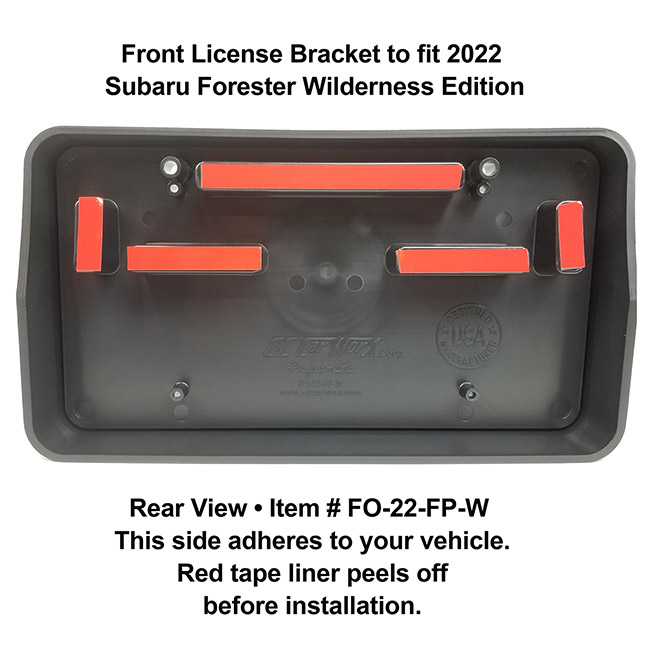 Rear View showing red tape liner which peels off before installation: Front License Bracket FO-22-FP to fit 2022 Subaru Forester WILDERNESS Edition WILDERNESS Edition custom designed and manufactured by C&C CarWorx