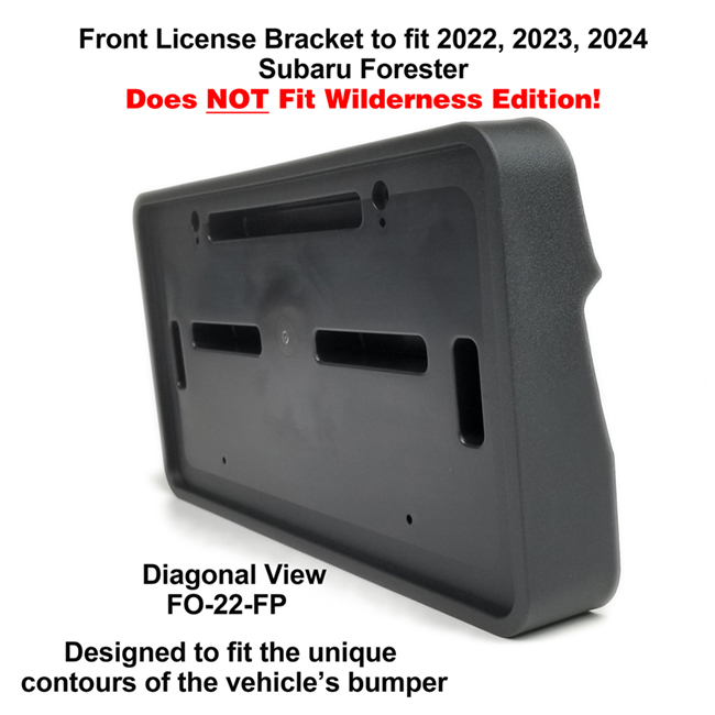 Diagonal View showing unique contours to fit snugly around your vehicle's bumper: Front License Bracket FO-22-FP to fit 2022, 2023, 2024  Subaru Forester custom designed and manufactured by C&C CarWorx