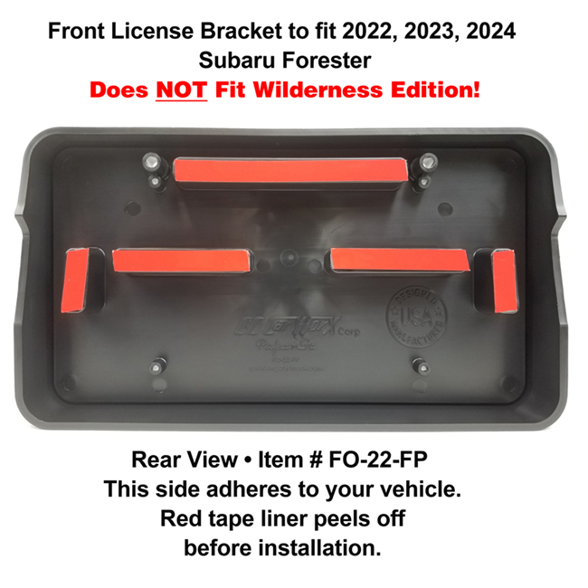 Rear View showing red tape liner which peels off before installation: Front License Bracket FO-22-FP to fit 2022, 2023, 2024  Subaru Forester custom designed and manufactured by C&C CarWorx