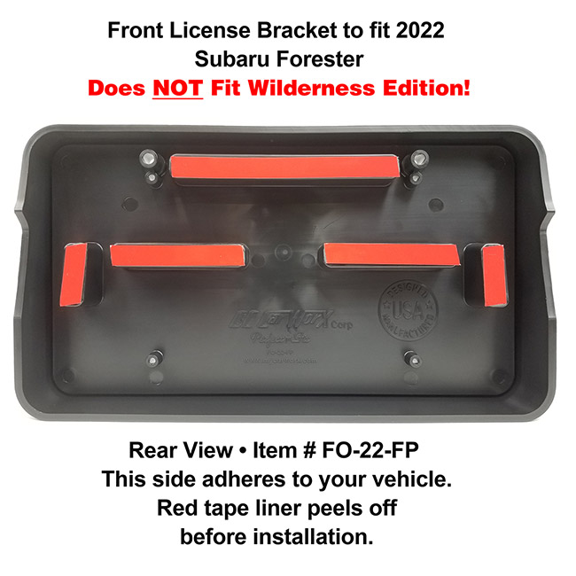 Rear View showing red tape liner which peels off before installation: Front License Bracket FO-22-FP to fit 2022 Subaru Forester custom designed and manufactured by C&C CarWorx