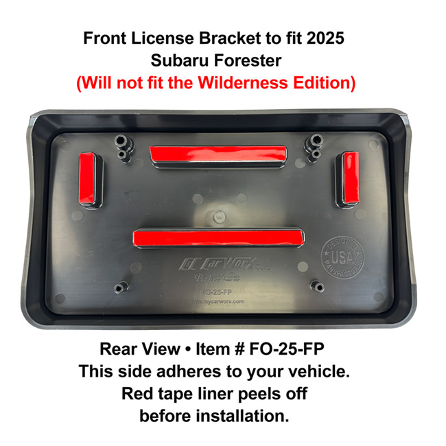 Rear View showing red tape liner which peels off before installation: Front License Bracket FO-25-FP to fit 2025 Subaru Forester custom designed and manufactured by C&C CarWorx