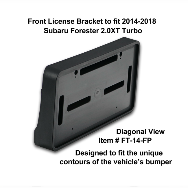 Diagonal View showing unique contours to fit snugly around your vehicle's bumper: Front License Bracket FT-14-FP to fit 2014-2018 Subaru Forester 2.0XT (Turbo) custom designed and manufactured by C&C CarWorx
